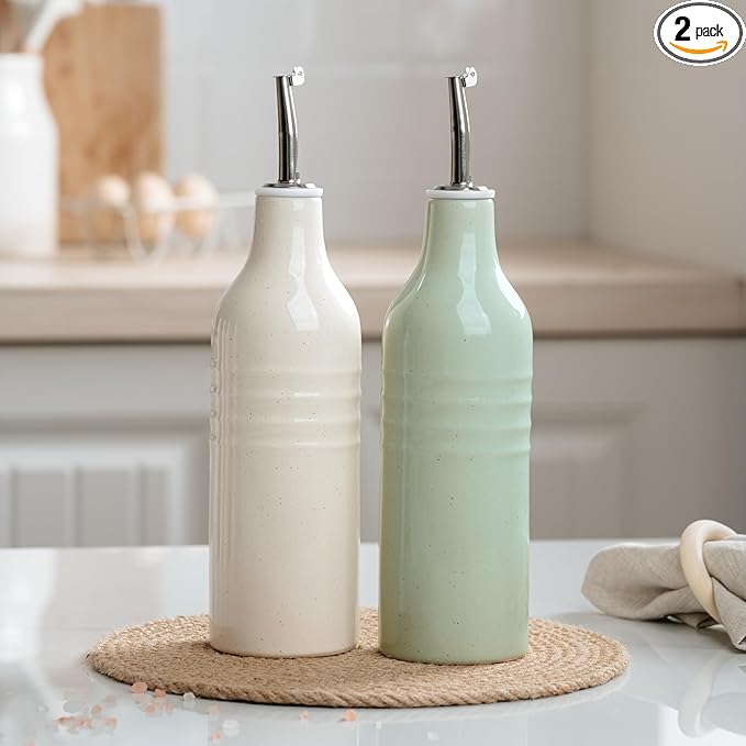 famiware Jupiter 16oz Ceramic Olive Oil Dispenser Bottle, Olive Oil and Vinegar Dispenser Bottle Set of 2 with Stainless Steel Pourers, Suitable for Storage Vinegar, Vanilla White & Light Green