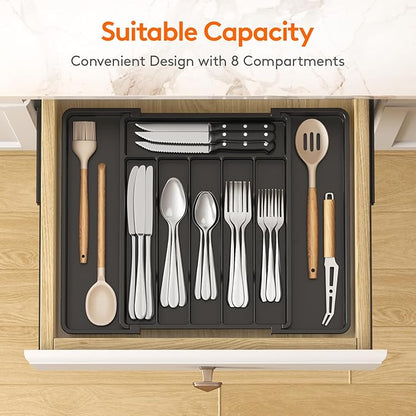 Lifewit Silverware Drawer Organizer, Expandable Utensil Tray for Kitchen, BPA Free Flatware and Cutlery Holder, Adjustable Plastic Storage for Spoons Forks Knives, 11-18 x 14", Black - Image 2