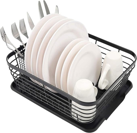 TQVAI Kitchen Dish Drainer Rack with Drying Board and Full-Mesh Silverware Utensils Holder, Black by TQVAI