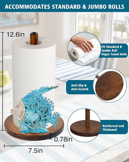 Sea Fish Paper Towel Holder, Coastal Beach Ocean Nautical Decor for Kitchen Bathroom Countertop, Freestanding Wooden Stand, Standard & Jumbo Rolls, Gift for Women
