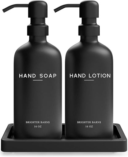 Black Glass Soap and Lotion Dispenser Set with Tray by Brighter Barns - Hand Soap Dispenser Bathroom Set & Stainless Steel Pump for Home - Modern Bathroom Accessories, Modern Decor (Black) by BrighterBarns