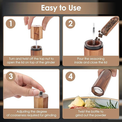 Wooden Salt and Pepper Grinder Set with Wooden Tray and Spoon, 8 Inch Manual Salt and Pepper Mill, Adjustable Coarseness, Refillable Pepper Grinder with Ceramic Core for Kitchen, Octagonal