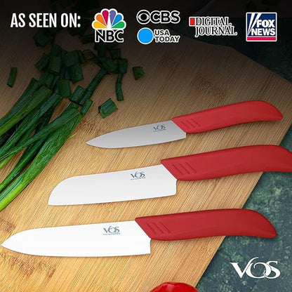 Vos Ceramic Knife Set in Elegant Gift Box, Ceramic Knives Set For Kitchen, Ultra Sharp Kitchen Knife Set with Covers, 4" 5" 6" Paring, Santoku & Chef Knife, Lightweight, Dishwasher safe (Red Handle)