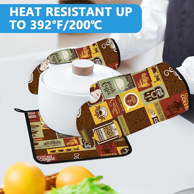 Coffee Theme Oven Mitts and Pot Holders Sets Heat Resistant 4Pcs Potholders Oven Gloves Hot Pads for Kitchen Baking Cooking Grilling BBQ