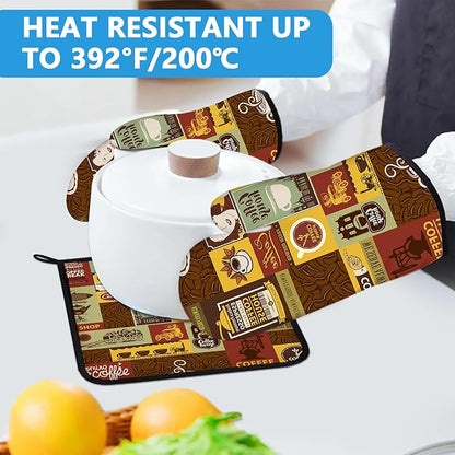 Coffee Theme Oven Mitts and Pot Holders Sets Heat Resistant 4Pcs Potholders Oven Gloves Hot Pads for Kitchen Baking Cooking Grilling BBQ