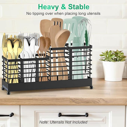TomCare Utensil Holder with Water Absorbent Diatomite Stone 3 Removable Dividers Large Silverware Organizer Sturdy Cooking Utensils Organizer Caddy Metal kitchen Organizers and Storage for Counter