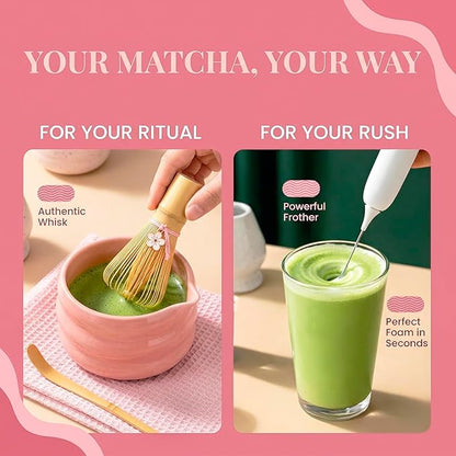 BARISTA EMPEROR® MATCHA WHISK SET PREMIUM 11pcs - Professional Matcha Kit Set with Matcha Bowl, Matcha Whisk, Milk Frother, Spoon, Sifter, Scoop, Stand, Cup, Mat - Aesthetic Pink Matcha Set Kit