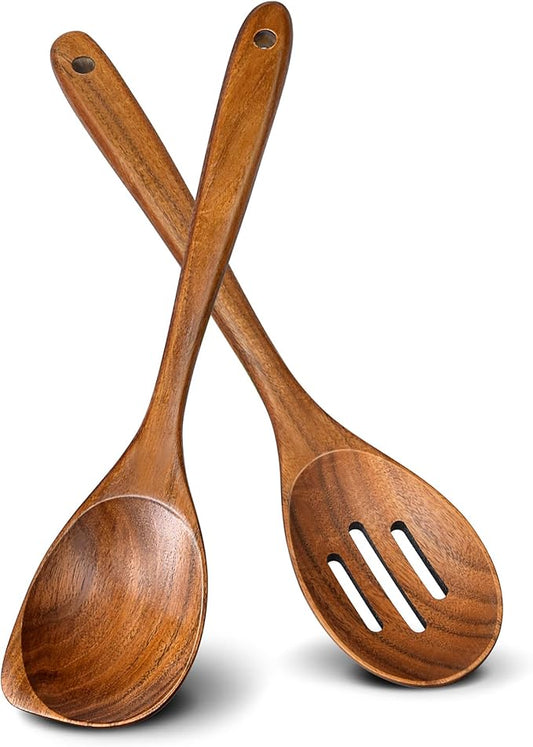 2Pcs Wooden Spoons for Cooking, Natural Premium Teak Wood Corner Spoon & Slotted Spoon, Good Grip Large Cooking Spoons Spatula, Heat Resistant Wooden Kitchen Cooking Utensils Set for Nonstick Cookware by Unknown