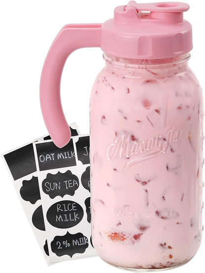 Soligt Glass Mason Jar Pitcher with Lid, Wide Mouth Flip Cap Pour Spout Leak-proof Lid with Handle, 64 oz (2 Quart / 1.9 Liter), for Iced Coffee/Sun Tea Juice/Cold Brew Coffee/Milk (1Pack, Taffy Pink)