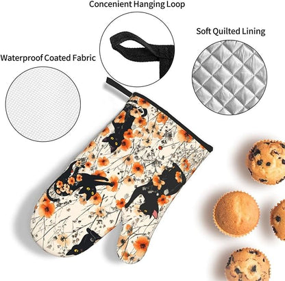 Orange Floral Pot Holders and Oven Mitts Set of 3,Cute Black Cat Kitchen Gloves Hot Pads for Baking Cooking Grilling BBQ Kitchen Decor,Black Cat Lover Gifts for Women