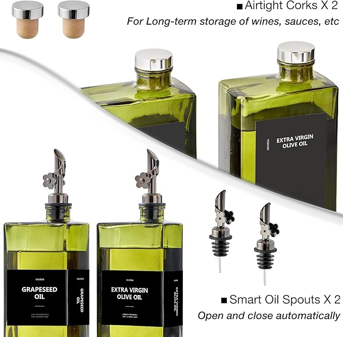 Olive Oil Dispenser Bottle for Kitchen, 16.9oz /500ml Cooking Vinegar Dispenser Bottle Set, Glass Sauce Container, Labels, Brush, Funnel, Stoppers, Green for Oil, Wine - Image 5