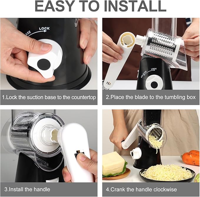 Cambom 5 in 1 Rotary Cheese Grater Hand Crank Cheese Shredder for Fresh Cheese, Vegetable, Nuts,Non-slip Suction Base, Black - Image 8