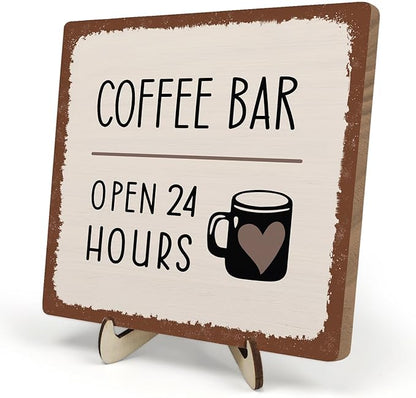 Coffee Bar Sign Plaque Decor,Coffee Bar Accessories,Rustic Wooden Tabletop Plaque with Stand, Minimalist Farmhouse Kitchen Counter Sign,Cute Mini Café Bar Decor Gift 5.9x5.9Inch by DMADNF