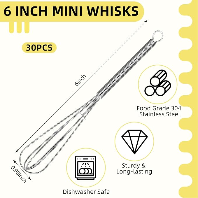 Baderke 30 Pcs Mini Whisk Bulk Small Whisks for Cooking 304 Stainless Steel Tiny Whisk for Baking, Whipping, Beating Eggs, Mixing Sauces, Blending Ingredients (6 Inch) - Image 2