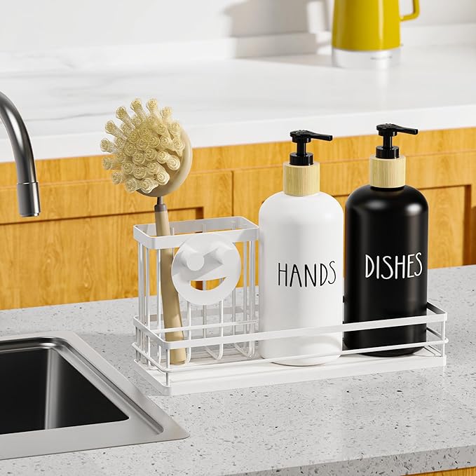 Moforoco Kitchen Dish Soap Dispenser Set, 16OZ Glass Bottle, Hand and Dish Soap Dispenser Set, Instant Dry Tray, Brush Holder with Smiley Face Sponge Holder (White Tray+Black&White Bottle) - Image 7