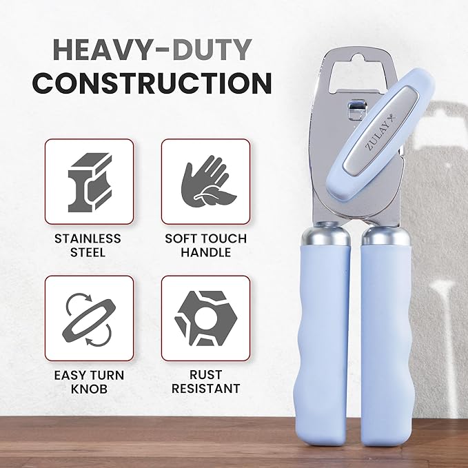Zulay Kitchen Heavy Duty Stainless Steel Can Opener Manual with Bottle Opener - Rust Proof Manual Can Opener With Turn Knob & Comfy Soft Grip Handles - Light Blue - Image 3