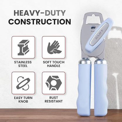 Zulay Kitchen Heavy Duty Stainless Steel Can Opener Manual with Bottle Opener - Rust Proof Manual Can Opener With Turn Knob & Comfy Soft Grip Handles - Light Blue - Image 3