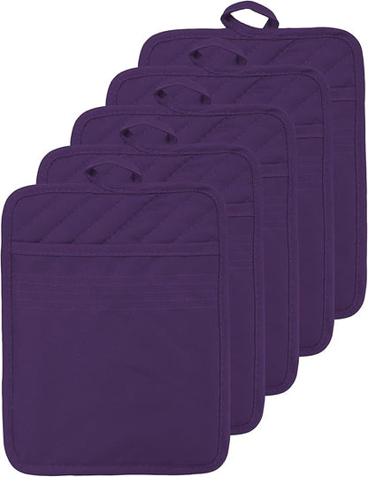 Oven Pot Holder with Pocket Cotton Heat Resistant Coaster Potholder Kitchen Hot Pad Oven Mitts for Cooking Square 7"x9"Set of 5 (Purple) by VEIKERY