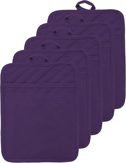 Oven Pot Holder with Pocket Cotton Heat Resistant Coaster Potholder Kitchen Hot Pad Oven Mitts for Cooking Square 7"x9"Set of 5 (Purple) by VEIKERY