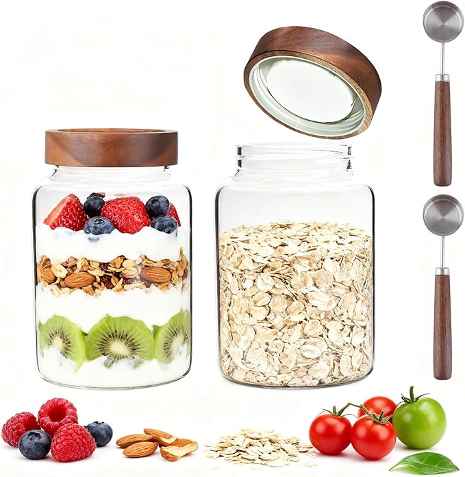 60 oz Glass Coffee Jars with Wooden Airtight Lid Spoon Clear Herb Ground Canister Round Food Storage Container for Sugar Pantry Flours Tea Coffee Bean Spice Cookies (1800ml/60oz-2PACK（with spoon)) - Image 6