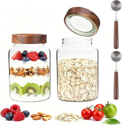60 oz Glass Coffee Jars with Wooden Airtight Lid Spoon Clear Herb Ground Canister Round Food Storage Container for Sugar Pantry Flours Tea Coffee Bean Spice Cookies (1800ml/60oz-2PACK（with spoon)) - Image 6