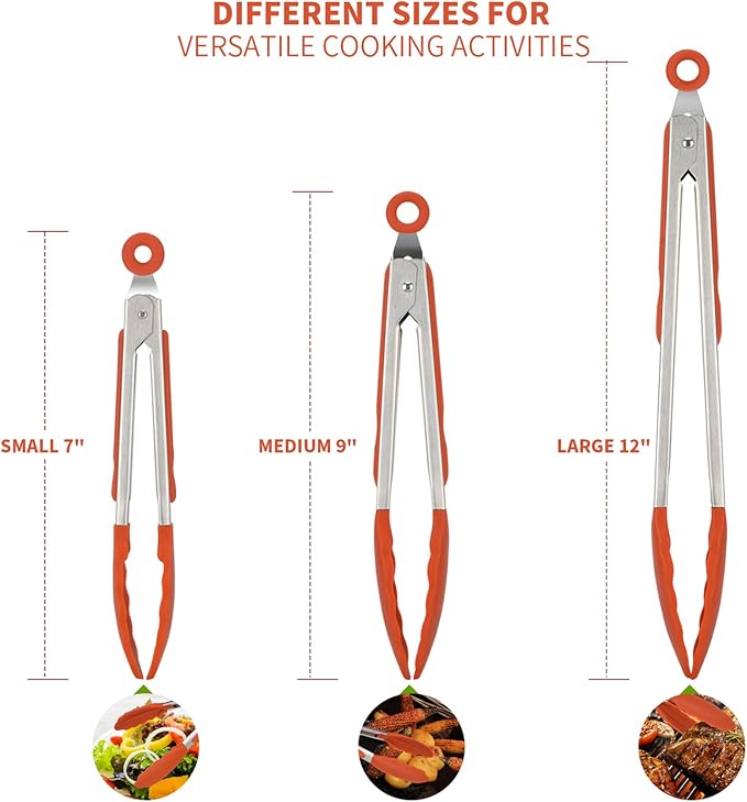 Kitchen Tongs, U-Taste 7/9/12 inches Cooking Tongs, with 600ºF High Heat-Resistant Non-Stick Silicone Tips, 18/8 Stainless Steel Handle, for Food Grill, Salad, BBQ, Frying, Serving, Pack of 3(Orange) - Image 2