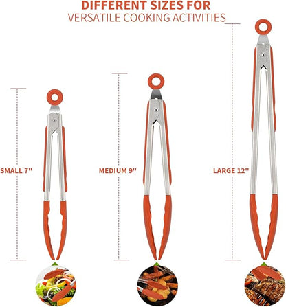 Kitchen Tongs, U-Taste 7/9/12 inches Cooking Tongs, with 600ºF High Heat-Resistant Non-Stick Silicone Tips, 18/8 Stainless Steel Handle, for Food Grill, Salad, BBQ, Frying, Serving, Pack of 3(Orange) - Image 2