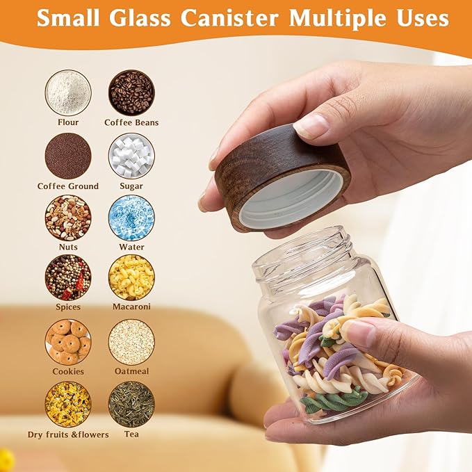 6 pc Glass Spice jars Glass Jars with Screw Lid 5 oz Acacia Wood Glass Herb Sugar Coffee Bean Ground Container Food Storage Canister for Candy Pantry Tea Seasoning Meal Prep Snack (6*150ml(5oz)) - Image 6