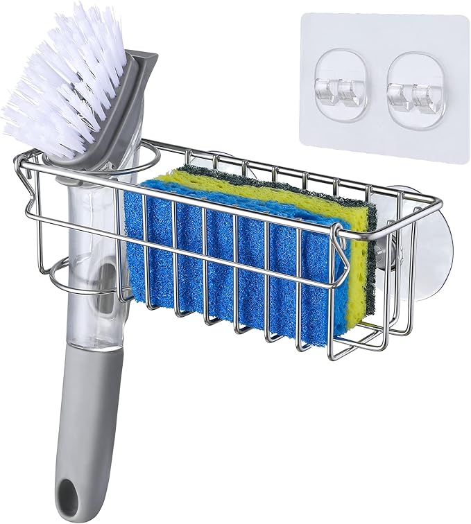 3-In-1 Sponge Holder for Kitchen Sink with Suction Cups & Adhesive Hook , In-sink Sponge Holder, Wall Hanging Sink Caddy Organizer Rack - Sponge, Dish Cloth, Brush, Scrubber - 304 Stainless Steel - Image 8
