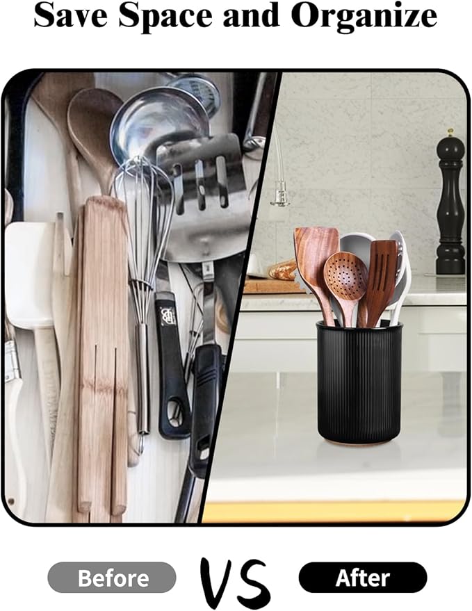 LoeJan Utensil Holder, Extra Large Utensil Crock, Stable Ceramic Utensil Organizer, Cooking Tool Organizer Set for Kitchen Counter Farmhouse Decor (F-6.7" Black) - Image 6