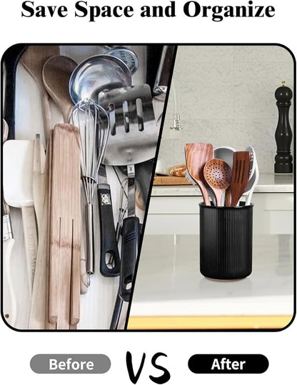 LoeJan Utensil Holder, Extra Large Utensil Crock, Stable Ceramic Utensil Organizer, Cooking Tool Organizer Set for Kitchen Counter Farmhouse Decor (F-6.7" Black) - Image 6