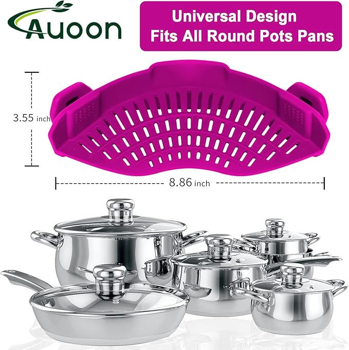 AUOON Clip On Strainer Silicone for All Pots and Pans, Pasta Strainer Clip on Food Strainer for Meat Vegetables Fruit Silicone Kitchen Colander (Purple) - Image 3