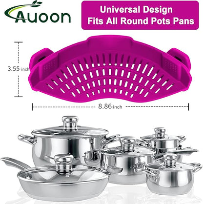 AUOON Clip On Strainer Silicone for All Pots and Pans, Pasta Strainer Clip on Food Strainer for Meat Vegetables Fruit Silicone Kitchen Colander (Purple) - Image 3