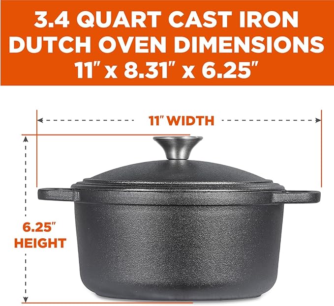 COMMERCIAL CHEF 3.4 Quart Cast Iron Dutch Oven with Dome Lid and Handles - Image 4