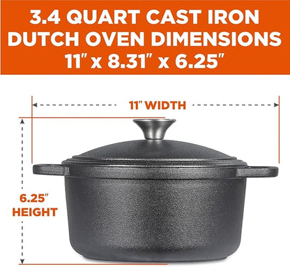 COMMERCIAL CHEF 3.4 Quart Cast Iron Dutch Oven with Dome Lid and Handles - Image 4