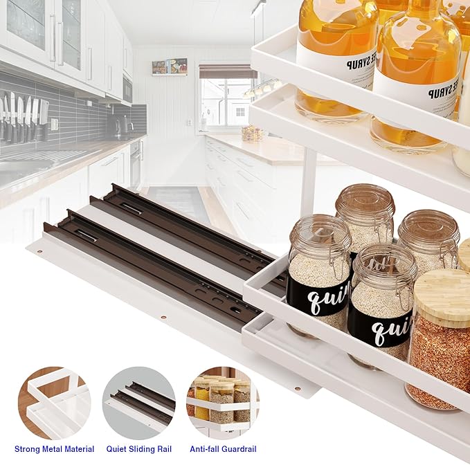 Mustorn Pull Out Spice Rack Organizer for Cabinet, 2 Tier Metal Slide Out Seasoning Organizer and Storage Heavy Duty Vertical Spice Rack Shelf Pullout for Kitchen Cabinets No Drilling(1 Pack, White) - Image 3