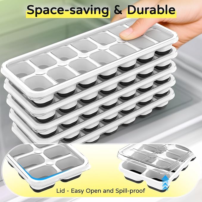 Ice Cube Tray 5 Pack, Stackable Silicone Ice Cube Trays with Lid– Easy Release Reusable Ice Tray, BPA-Free Rectangular Ice Cube Mold Set for Cocktails, Coffee, Whiskey & Drinks- Black - Image 5