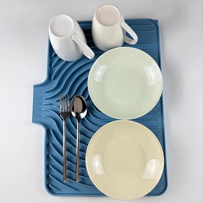Dish Drying Mat for Kitchen Counter, with Built-in Drain Lip, Food-Grade Silicone, Easy Clean Pad for Countertop Protection, Multi-Functional Use (18x11.8, Light Blue) - Image 3