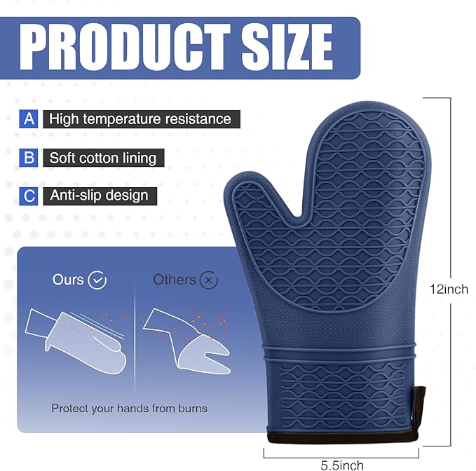 Silicone Oven Mitts, Heat Resistant 2PCS Oven Mitts with Soft Cotton Lining, Waterproof Non-Slip Grip Oven Glove, Kitchen Potholder Mits for BBQ, Baking, Cooking, 12.5 Inch - Dark Blue - Image 2