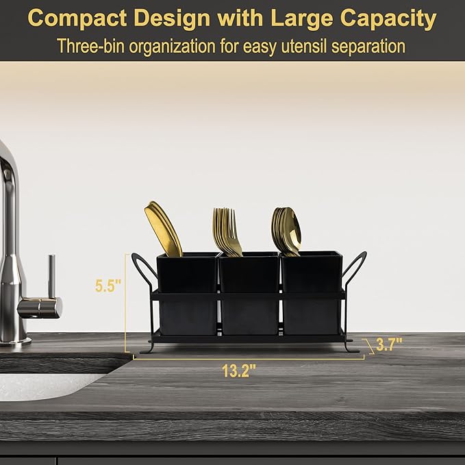 ECOIOU Cutlery Holder with Drain Holes, Dishwasher Safe Silverware Caddy for Party, Kitchen Counter, 3pcs Bins Set Countertop Utensil Holder for Spoons, Forks and Knives, Black - Image 6