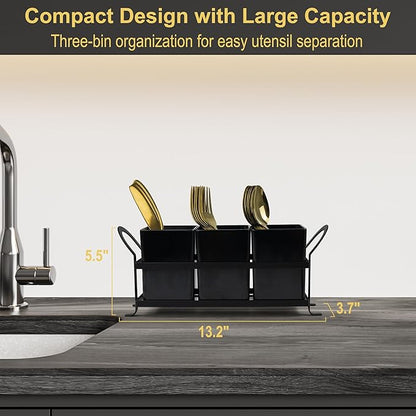 ECOIOU Cutlery Holder with Drain Holes, Dishwasher Safe Silverware Caddy for Party, Kitchen Counter, 3pcs Bins Set Countertop Utensil Holder for Spoons, Forks and Knives, Black - Image 6
