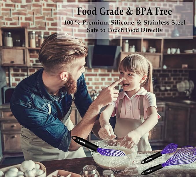 Walfos Whisk,7+9+11in Silicone Whisks for Cooking Non Scatch,Kitchen Whisk,BPA Free and Heat Resistant 480°F,Wisk Perfect for Frothing,Blending,Beating.Dishwasher Safe 3pcs Dark Purple - Image 8