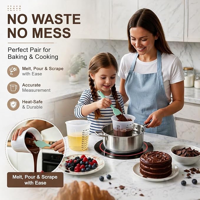 Palksky Silicone Measuring Cups Set 1-Cup & 1-Cup & 2-Cup with 3PCS Jar Spatula, Microwave Safe, Honeycomb Heat-Control Grip, Easy-Read Liquid Measuring for Baking, Cooking & Chocolate Melting