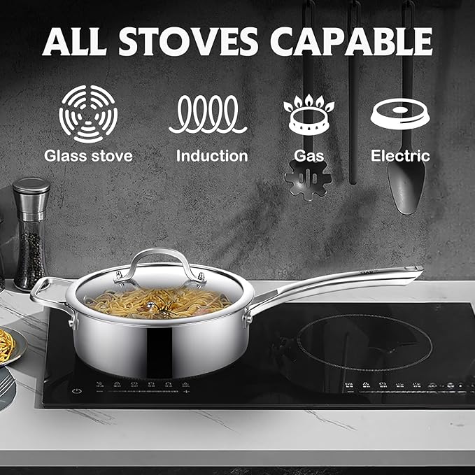 Frying Pans Nonstick Set with Lid,Hybrid Non Stick 5 Quart Saute pan,10 inch Skillet,8 inch Skillet PFOA Free Cookware,Stainless Steel skillet,Deep Braiser,Dishwasher Safe,Works on All Cooktops - Image 6