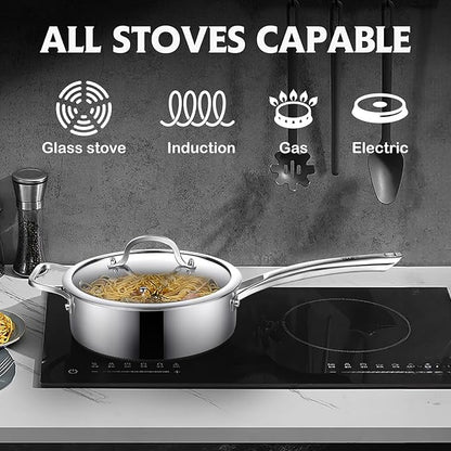 Frying Pans Nonstick Set with Lid,Hybrid Non Stick 5 Quart Saute pan,10 inch Skillet,8 inch Skillet PFOA Free Cookware,Stainless Steel skillet,Deep Braiser,Dishwasher Safe,Works on All Cooktops - Image 6
