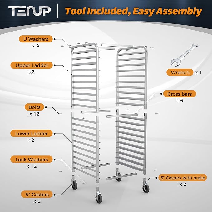 TenUp 20-Tier NSF Aluminum Sheet Pan Rack, Commercial Bakery Cooling & Storage Cart with Wheels, Heavy-Duty Bun Rack – 26" L x 20" W x 69" H - Image 3