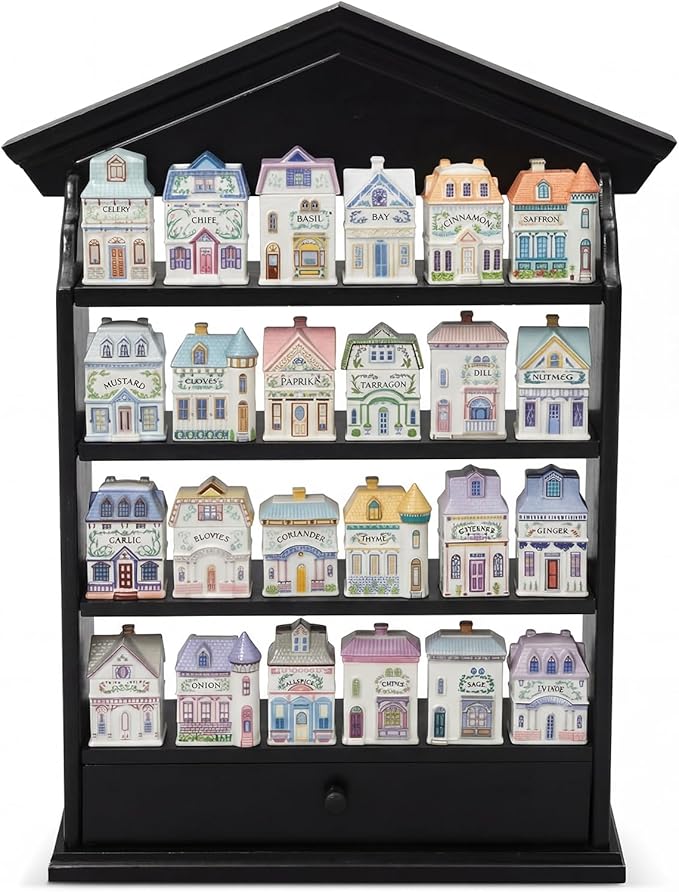 Chunful Vintage Spice Jar Wooden Rack with 4 Shelves and Drawer Hanging Spice Rack Wall Mounting Kitchen Storage Village Style Display Shelf for 24 Jars, Shelf Only(Classic Black)