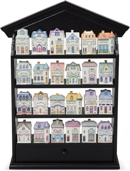 Chunful Vintage Spice Jar Wooden Rack with 4 Shelves and Drawer Hanging Spice Rack Wall Mounting Kitchen Storage Village Style Display Shelf for 24 Jars, Shelf Only(Classic Black)