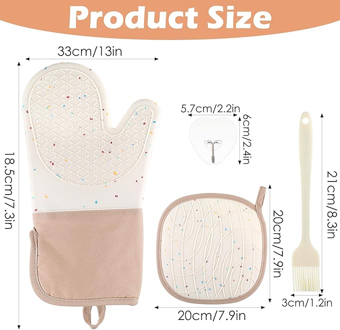 10 Pcs Kitchen Oven Mitts and Potholders Set with Hook and Oil Brush, Cooking Mittens Heat Resistant 500°F Silicone Oven Mittens for Kitchen Baking Cooking BBQ (Cream) - Image 2