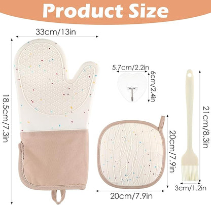 10 Pcs Kitchen Oven Mitts and Potholders Set with Hook and Oil Brush, Cooking Mittens Heat Resistant 500°F Silicone Oven Mittens for Kitchen Baking Cooking BBQ (Cream) - Image 2